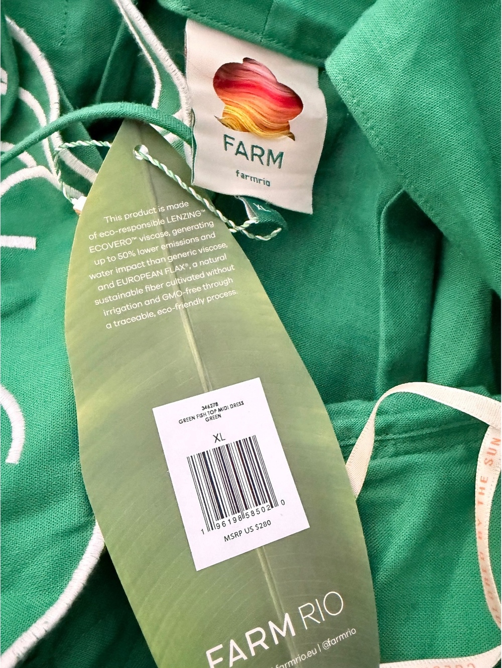 FARM RIO Iconic Linen Blend Green Embroidered Koi Fish Maxi Dress XL NWT - Picture 5 of 6
